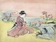Japan: A Bijin or beautiful woman picking flowers by a river, c.1765. Suzuki Harunobu (1724-1770)